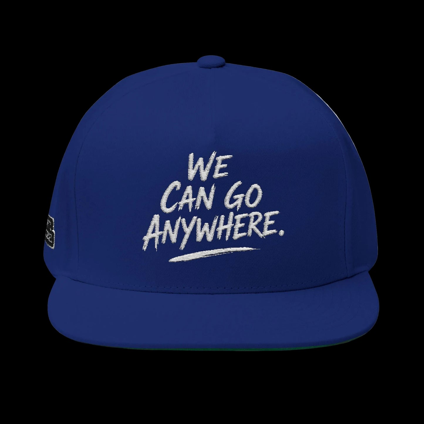 Blue cap with 'We Can Go Anywhere' text on a white background