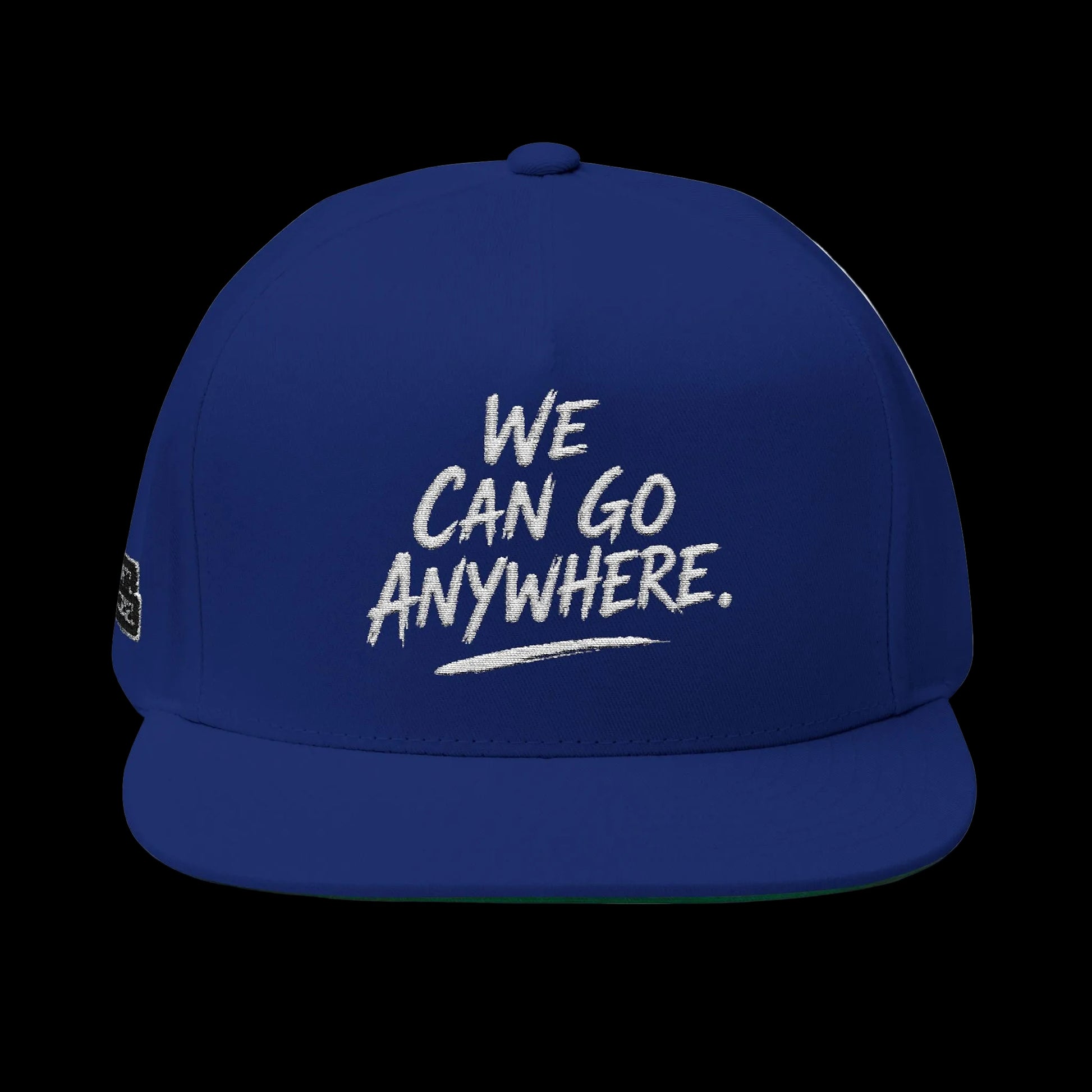 Blue cap with 'We Can Go Anywhere' text on a white background