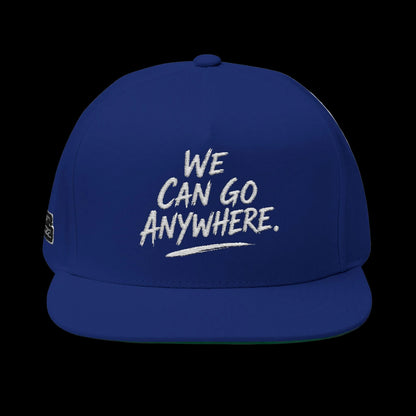 Blue cap with 'We Can Go Anywhere' text on a white background