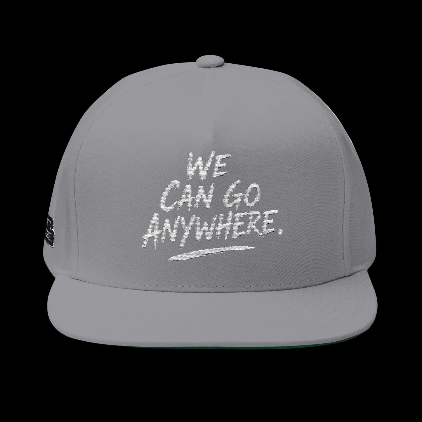 Gray cap with 'We can go anywhere.' text on a white background