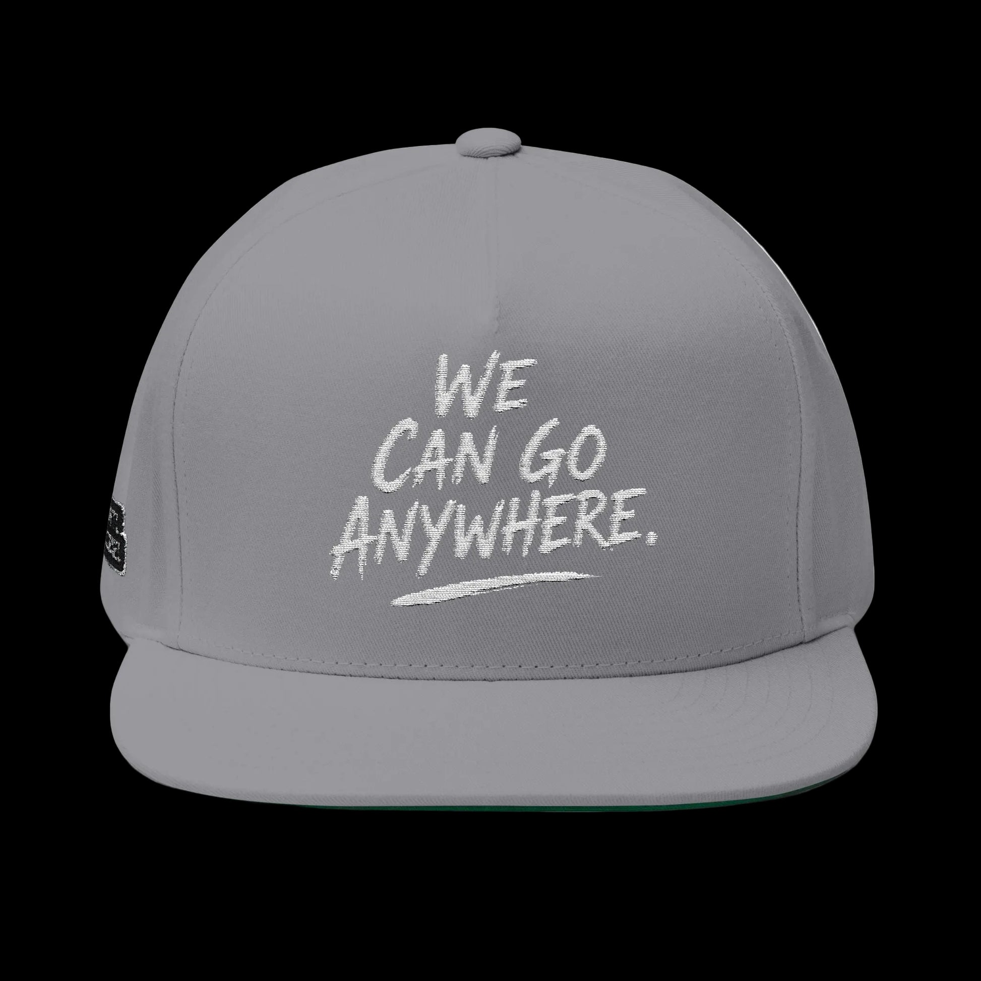 Gray cap with 'We can go anywhere.' text on a white background