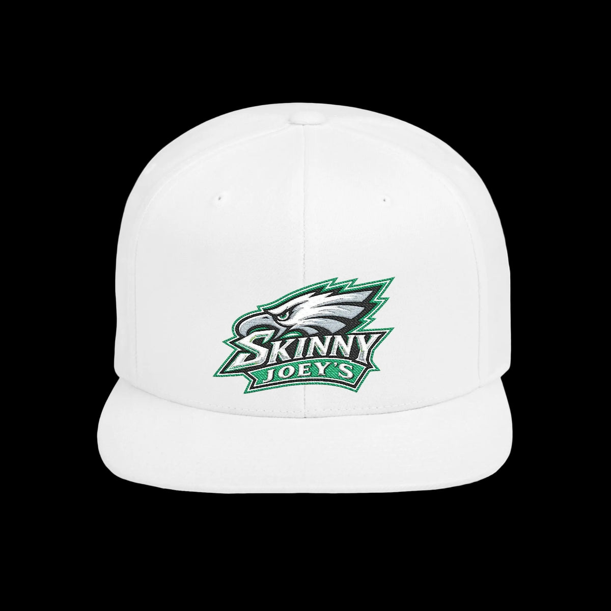 Skinny Joeys x Eagles 2026 flat bill snapback in white, front, Skinny Joey's merch