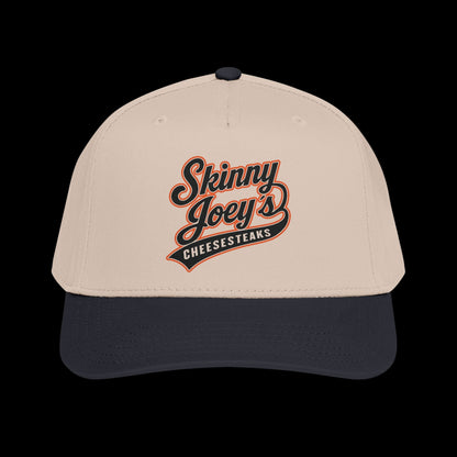 Beige and navy cap with 'Skinny Joey's Cheesesteaks' logo on a white background