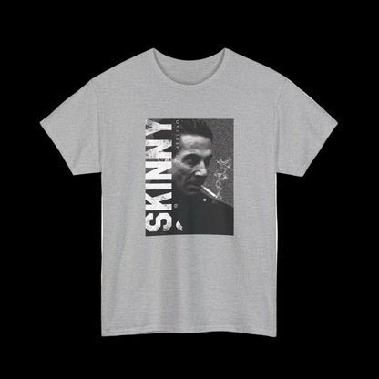 Gray t-shirt with a graphic of a man and 'SKINNY' text on a white background