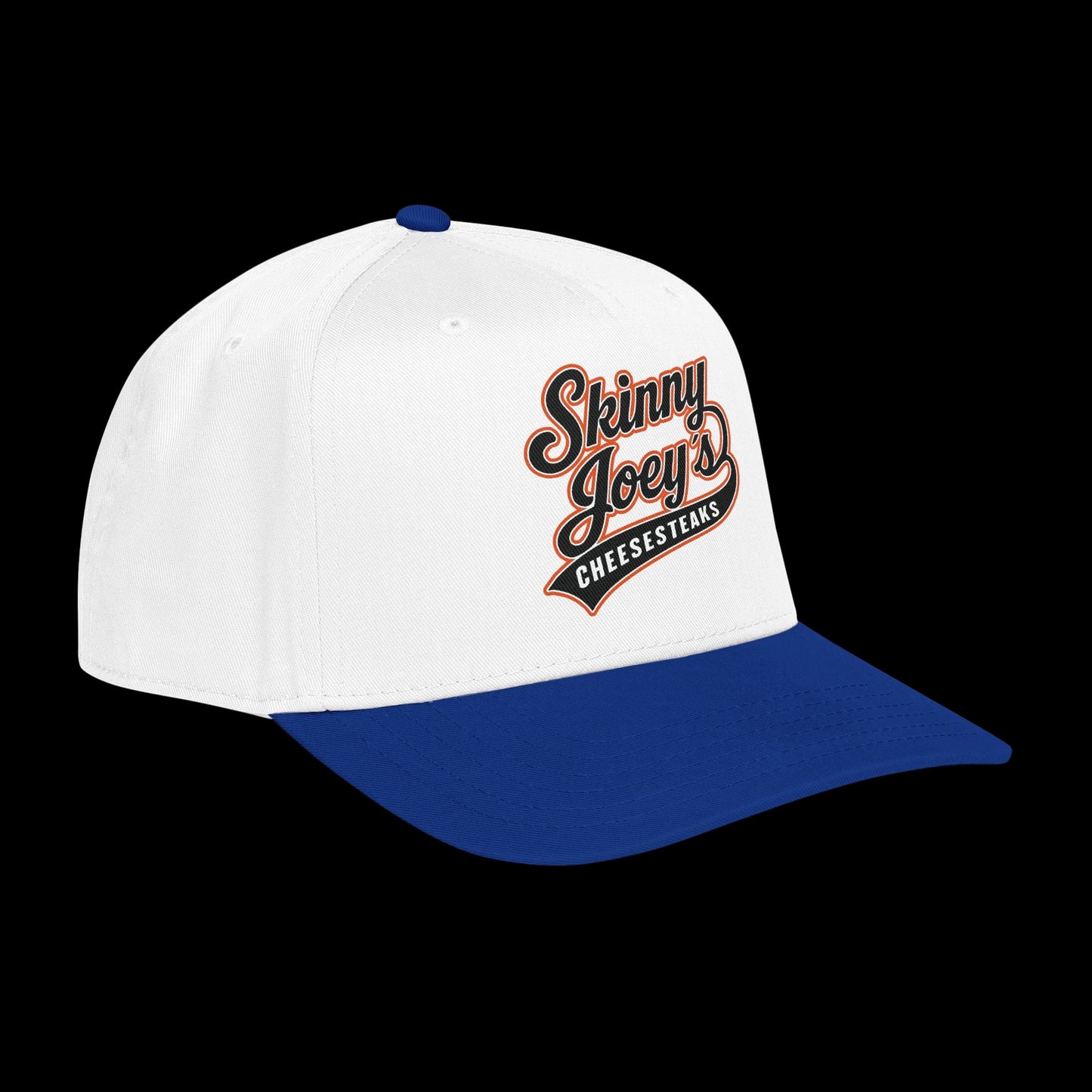 White and blue cap with 'Skinny Joey's Cheesesteaks' text on a white background