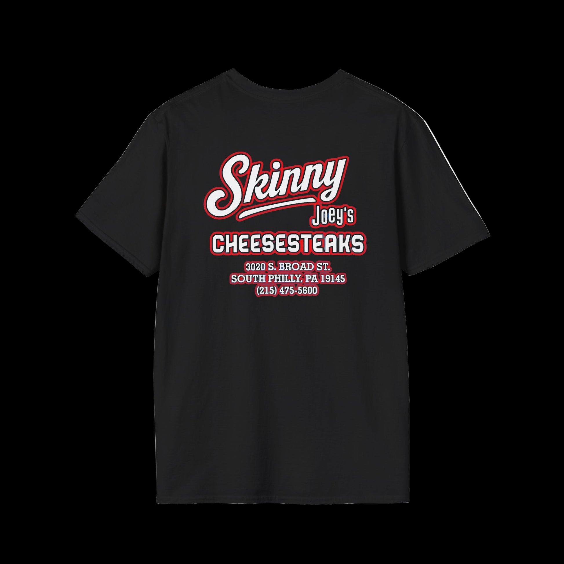 Black t-shirt with red and white text on a white background