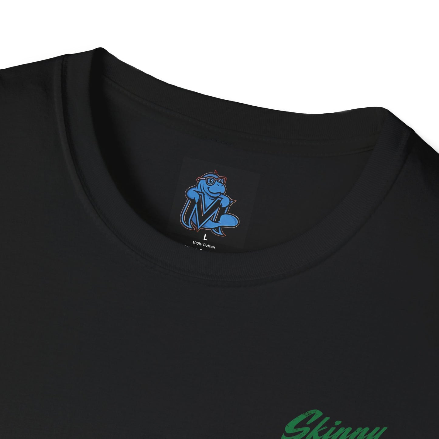 Black t-shirt with a blue logo on the collar against a white background