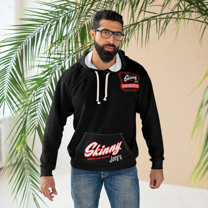 Skinny Joey's Retro Logo Hoodie — Black Pullover with 'Skinny Joey's Cheesesticks' Chest & Pocket Print