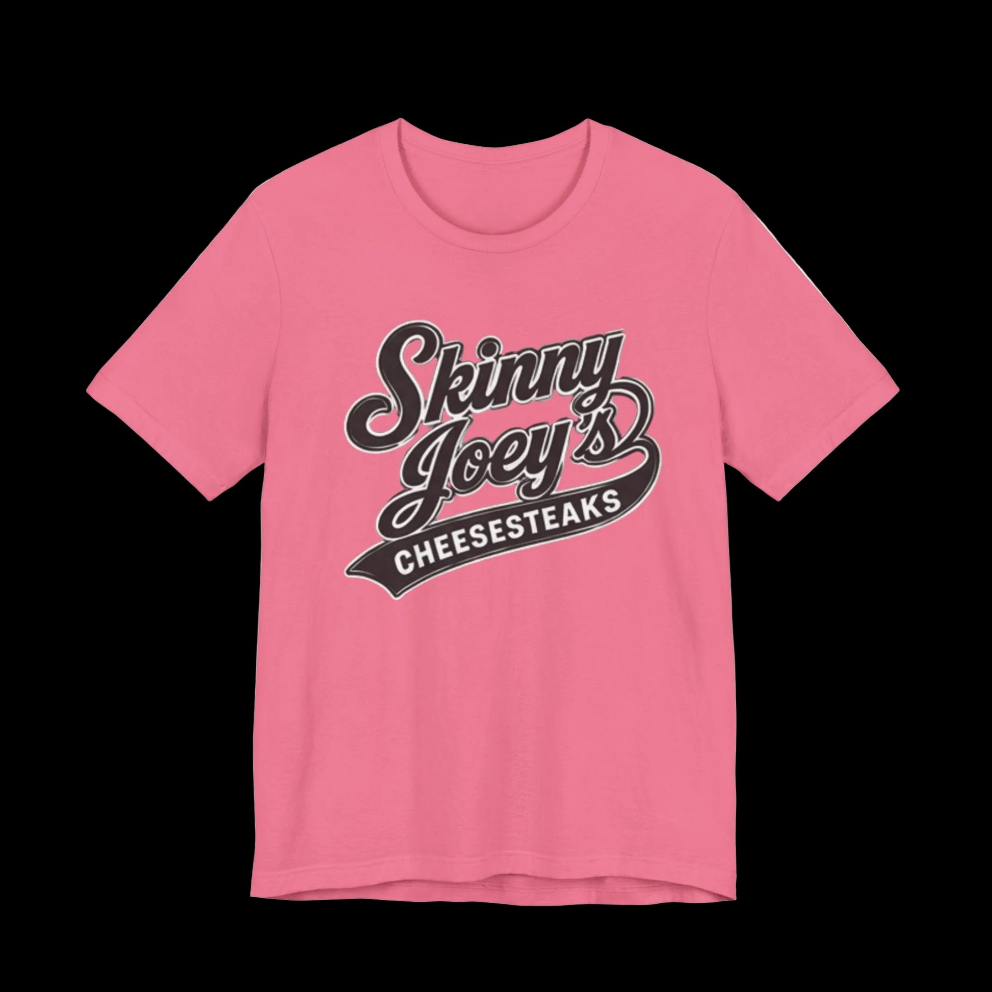 Pink t-shirt with 'Skinny Joey's Cheesesteaks' text on a white background