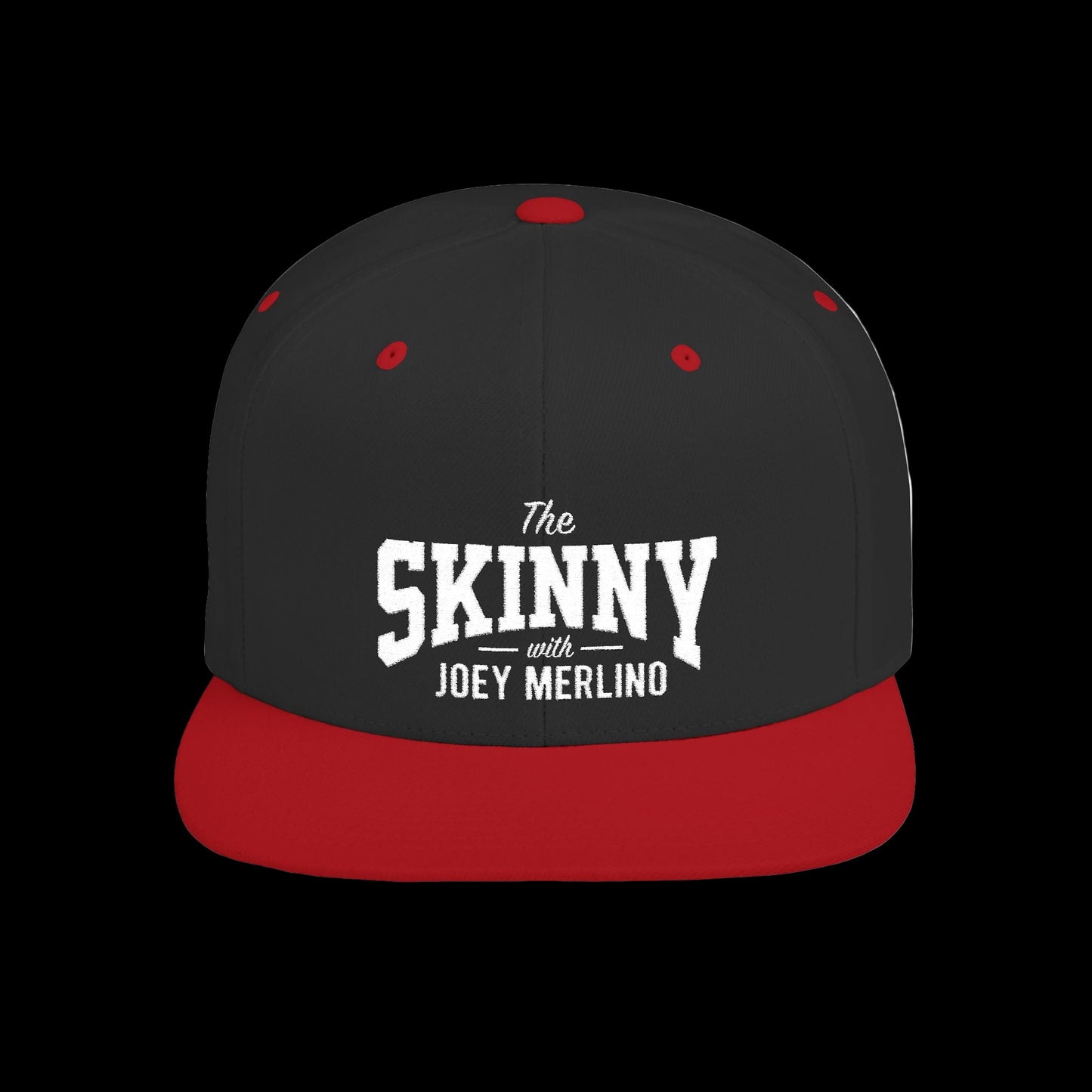 Black and red cap with 'The Skinny with Joey Merlino' text on a white background