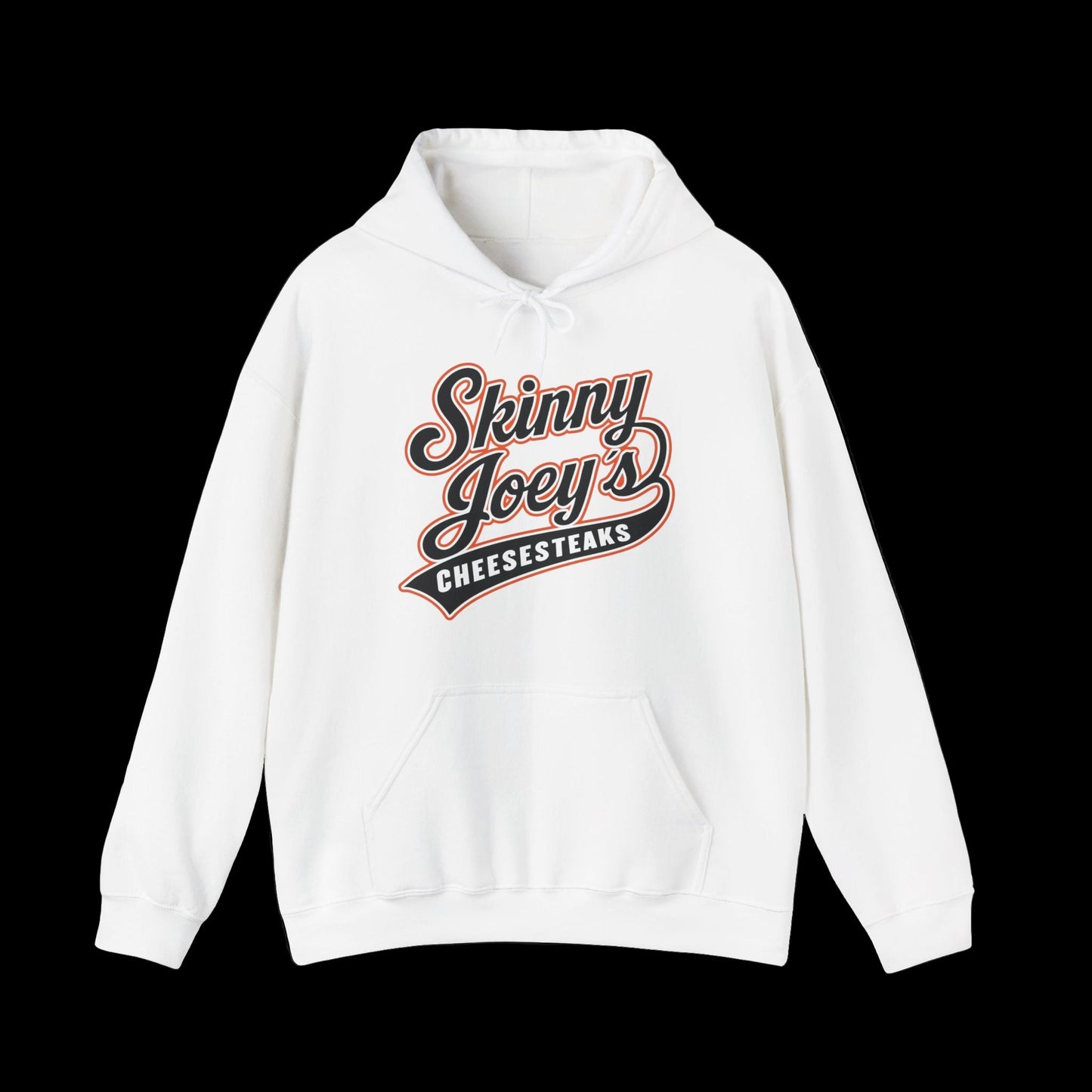 White hoodie with 'Skinny Joey's Cheesesteaks' text on a black background