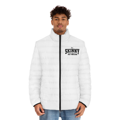 Men's White Puffer Jacket with Red Script Sleeve — Lightweight Quilted Coat