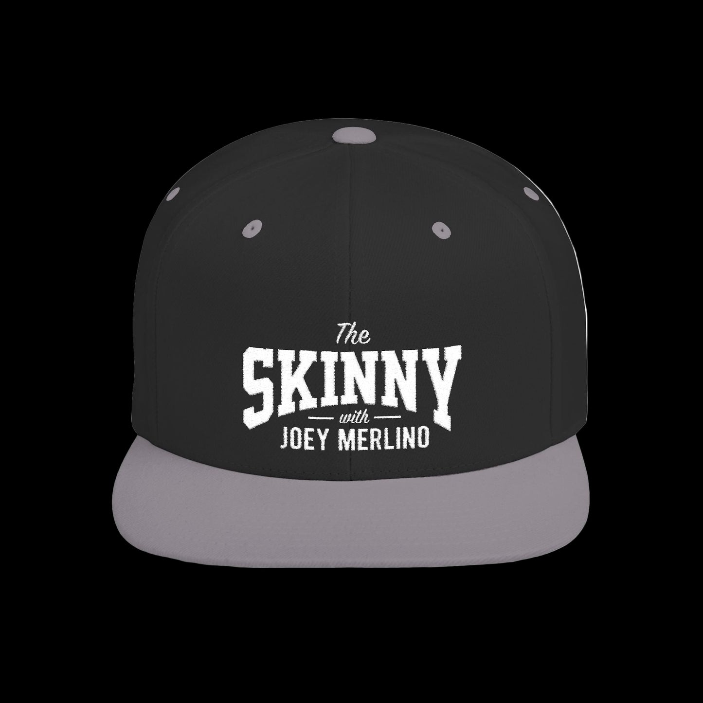 Black and gray cap with 'The Skinny with Joey Merlino' text on a white background
