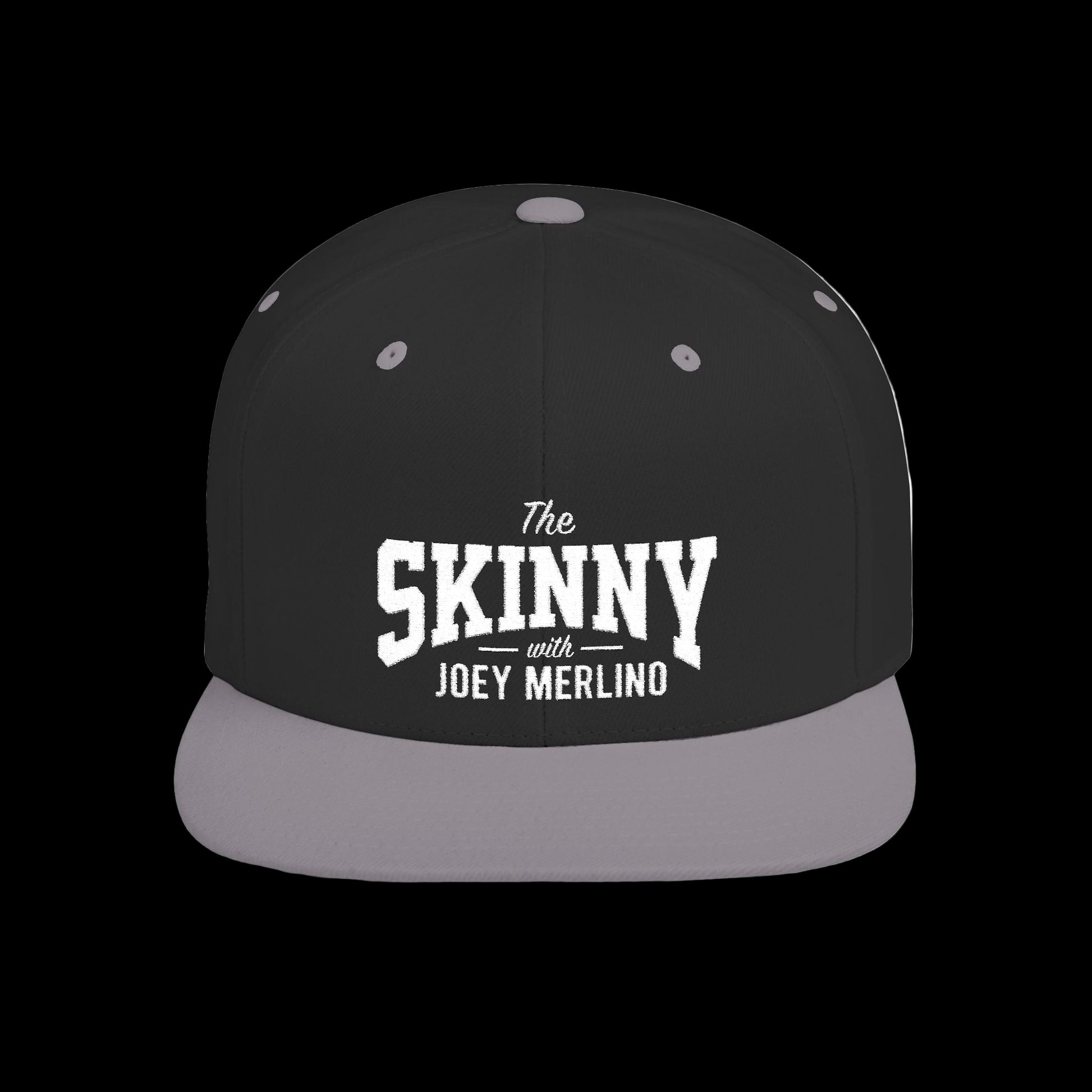 Black and gray cap with 'The Skinny with Joey Merlino' text on a white background