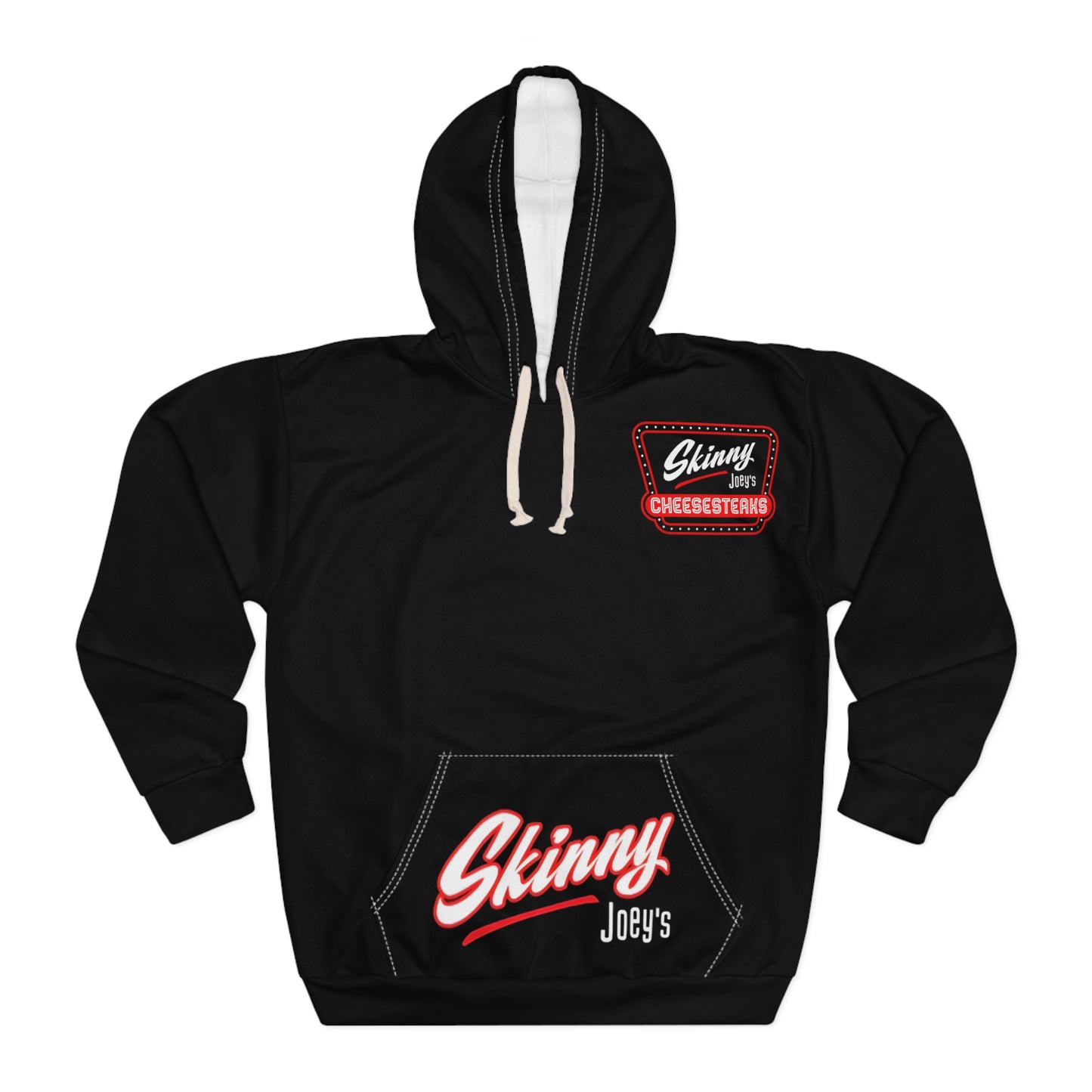 Skinny Joey's Retro Logo Hoodie — Black Pullover with 'Skinny Joey's Cheesesticks' Chest & Pocket Print