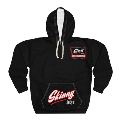 Skinny Joey's Retro Logo Hoodie — Black Pullover with 'Skinny Joey's Cheesesticks' Chest & Pocket Print