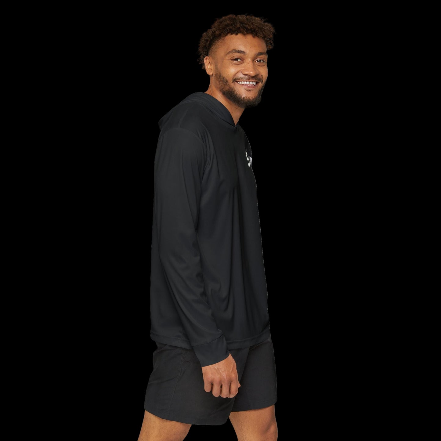 Man wearing a black athletic outfit on a white background