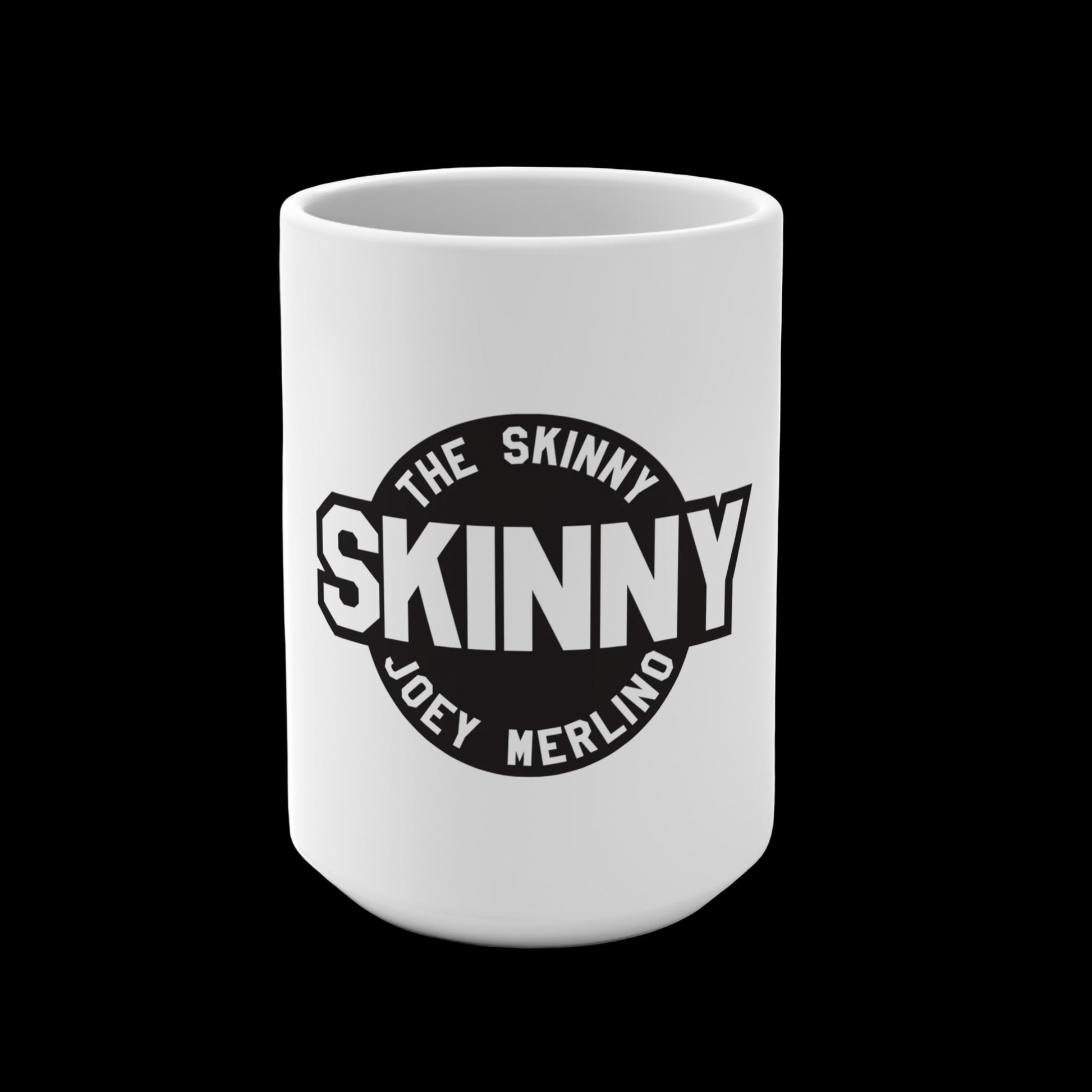 White mug with 'The Skinny' logo on a white background