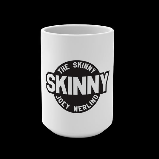 White mug with 'The Skinny' logo on a white background