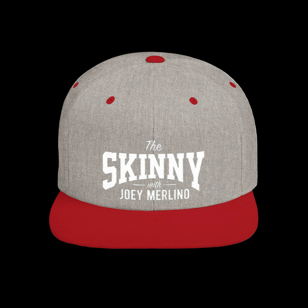 The Skinny with Joey Merlino embroidered cap in heather grey and red, The Skinny with Joey Merlino podcast merch