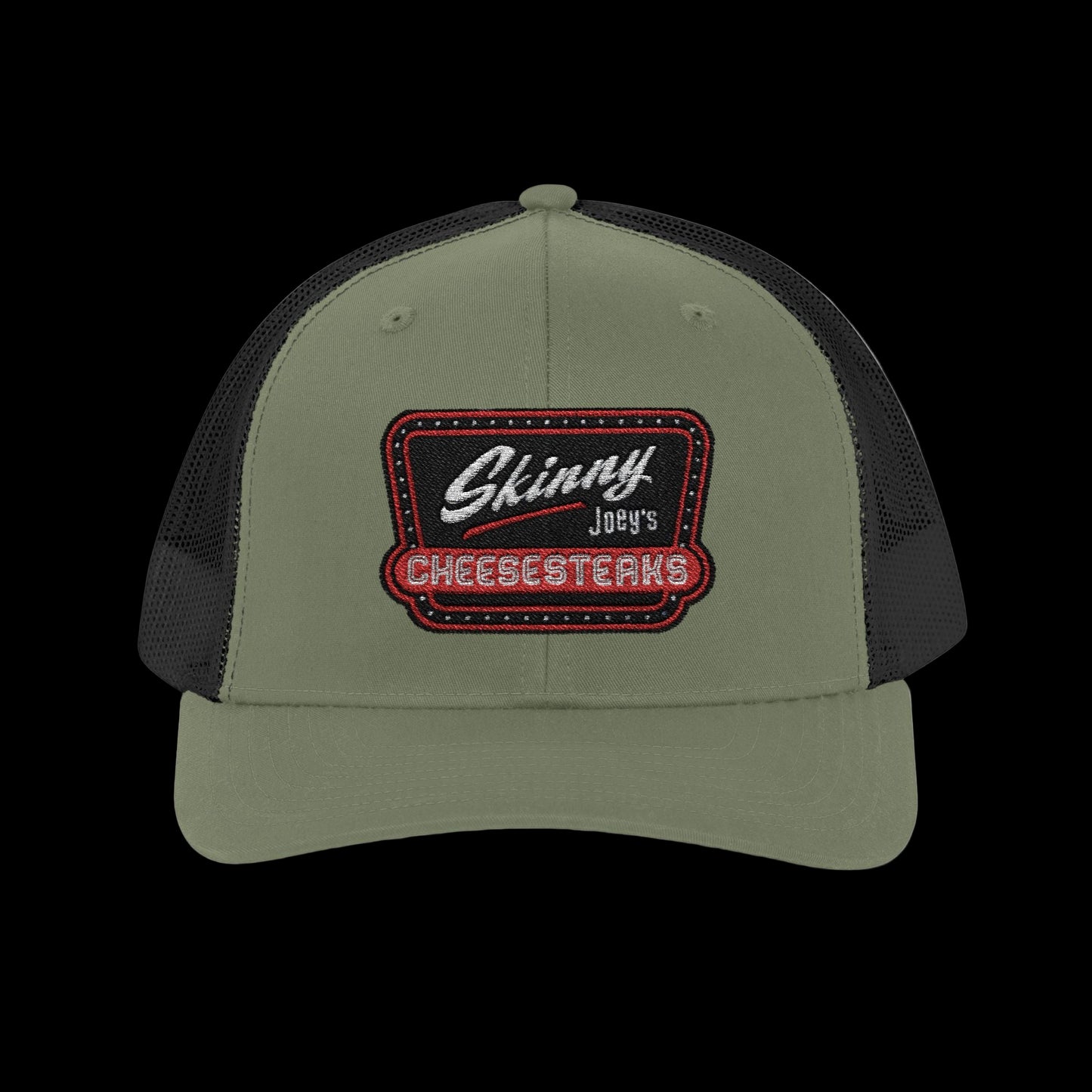Green and black cap with 'Skinny Joey's Cheesesteaks' logo on a white background