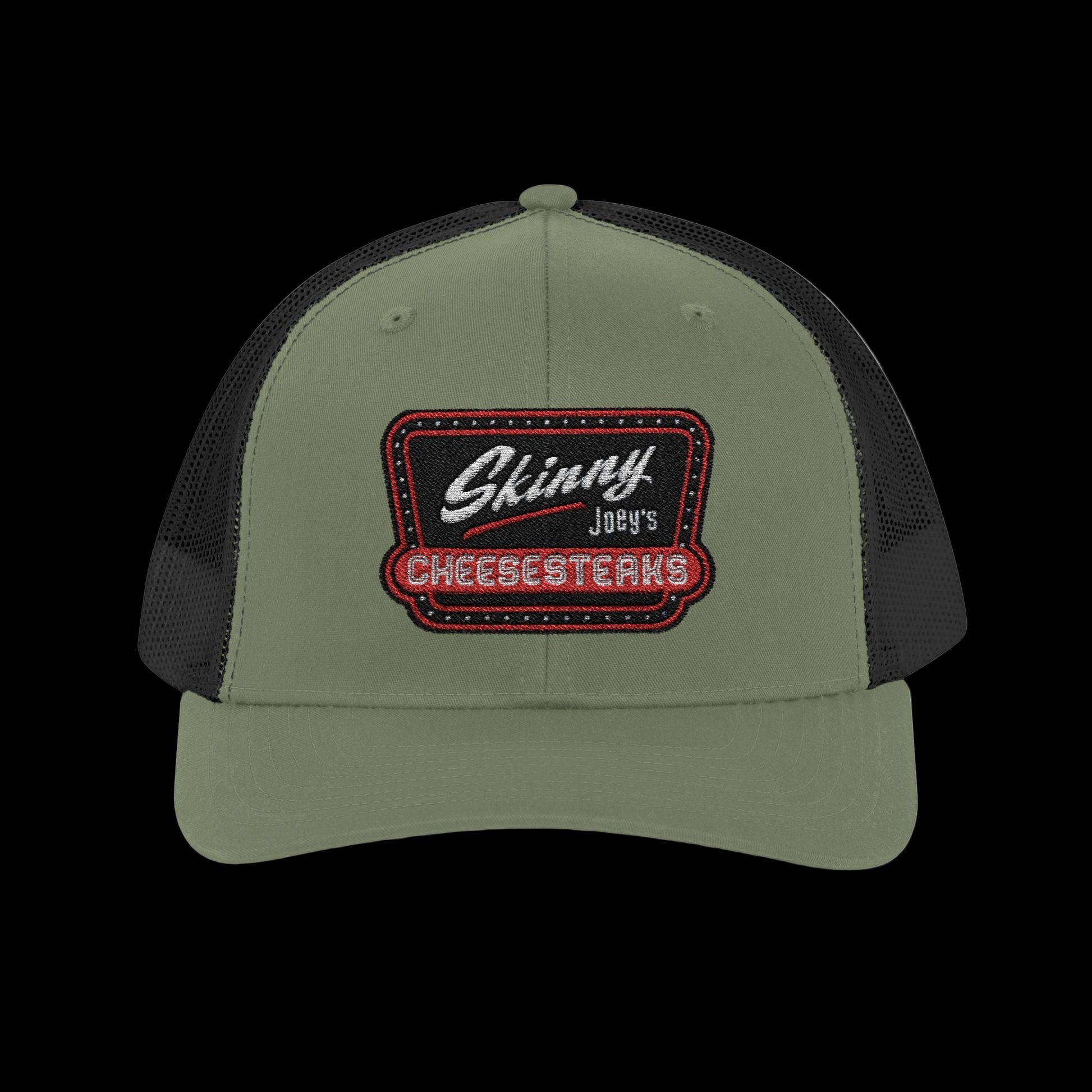 Green and black cap with 'Skinny Joey's Cheesesteaks' logo on a white background