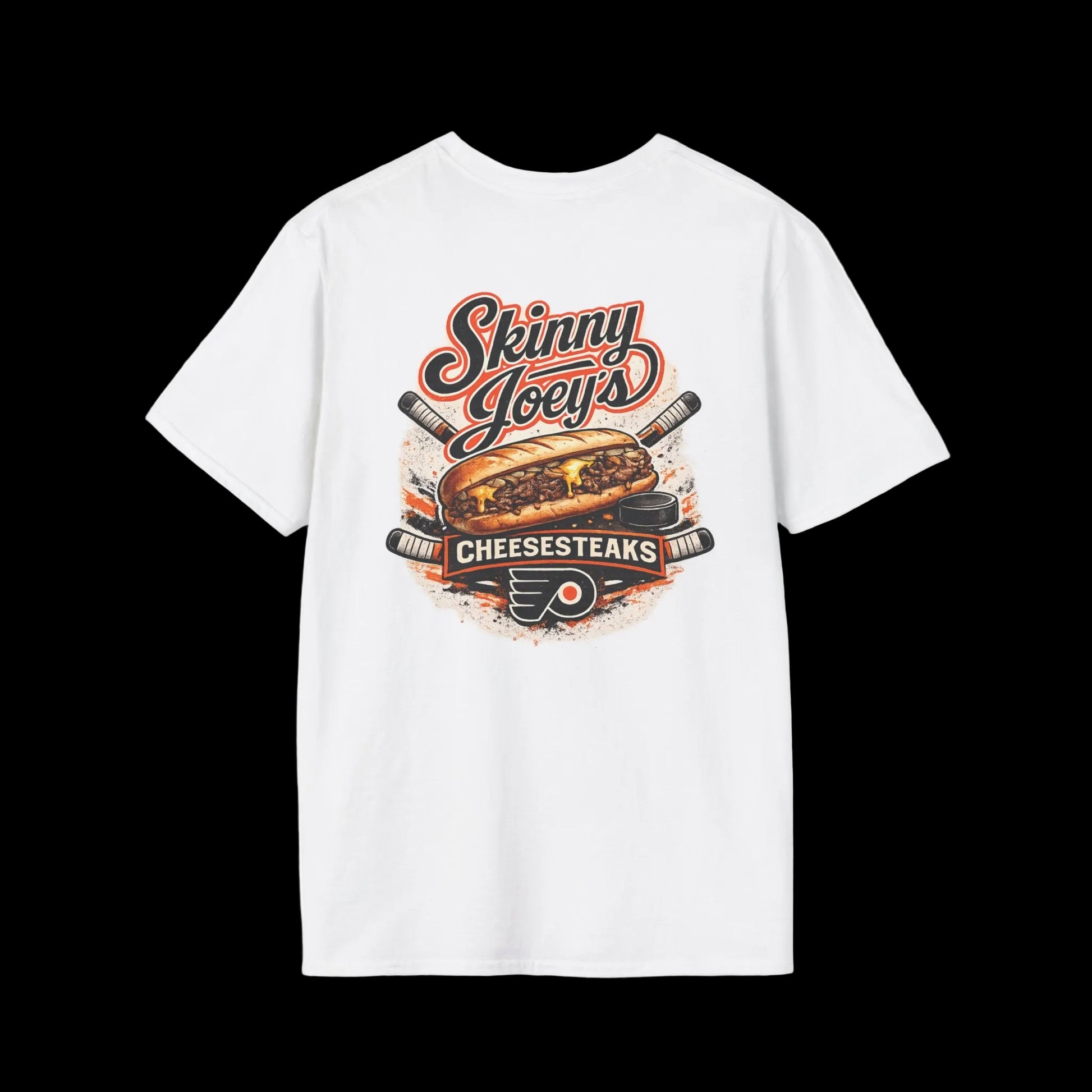 White t-shirt with 'Skinny Joey's Cheesesteaks' graphic design on a white background