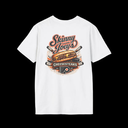 White t-shirt with 'Skinny Joey's Cheesesteaks' graphic design on a white background