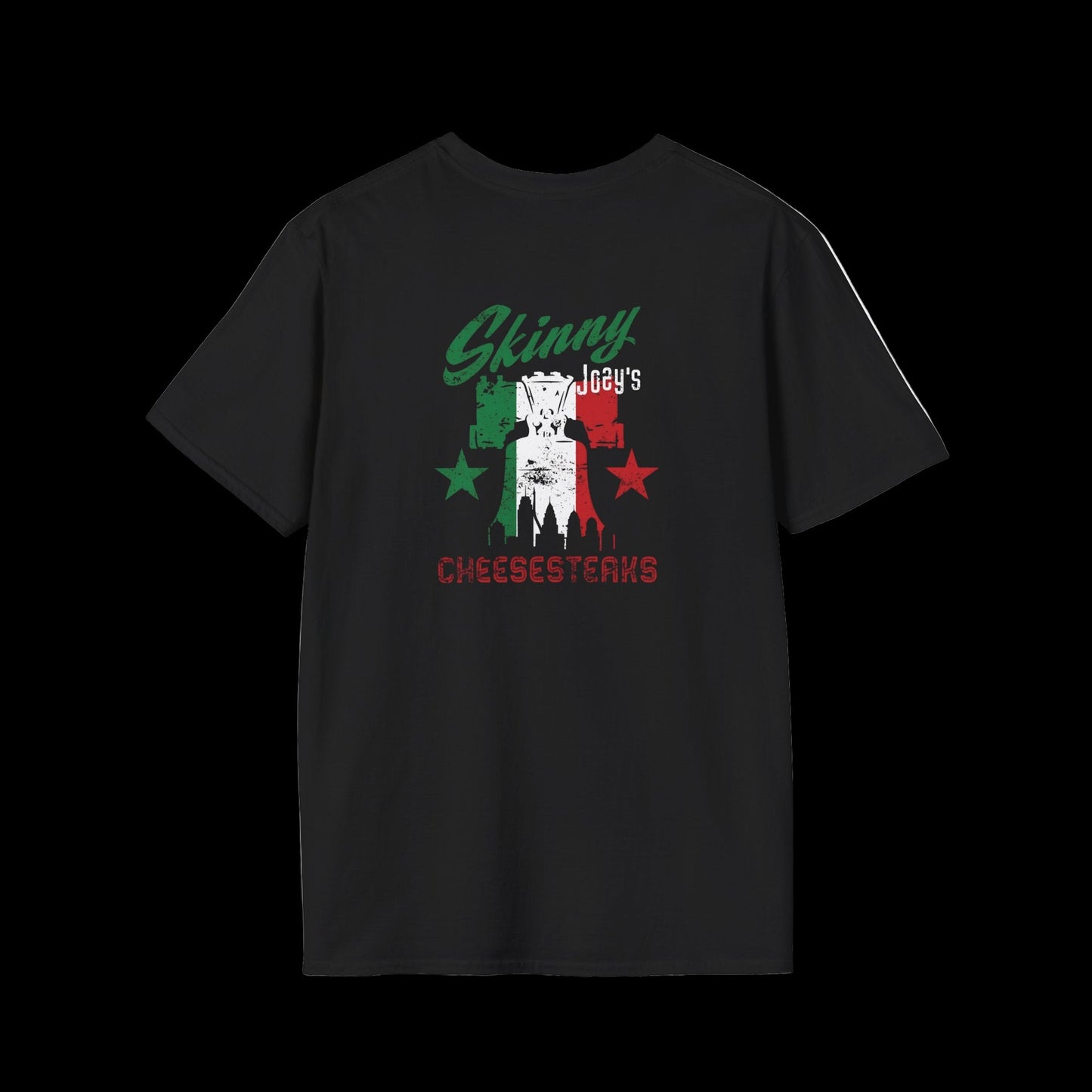 Black t-shirt with graphic design and text on a black background