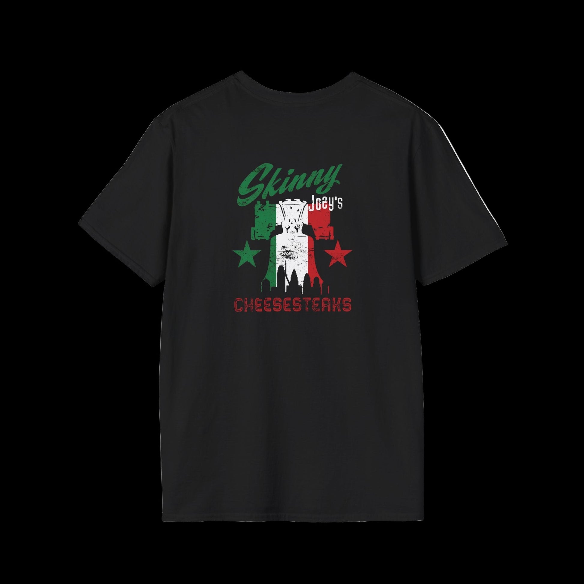 Black t-shirt with graphic design and text on a black background