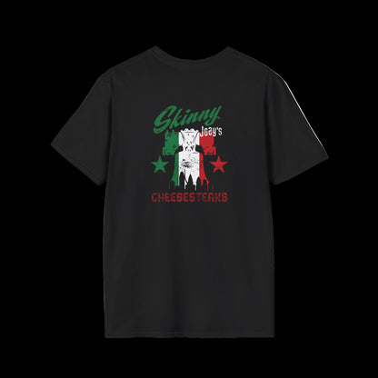 Black t-shirt with graphic design and text on a black background