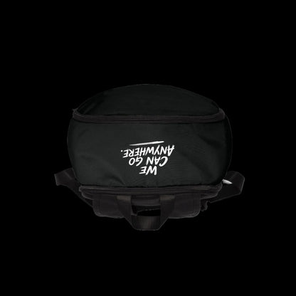 Black backpack with a logo on a white background