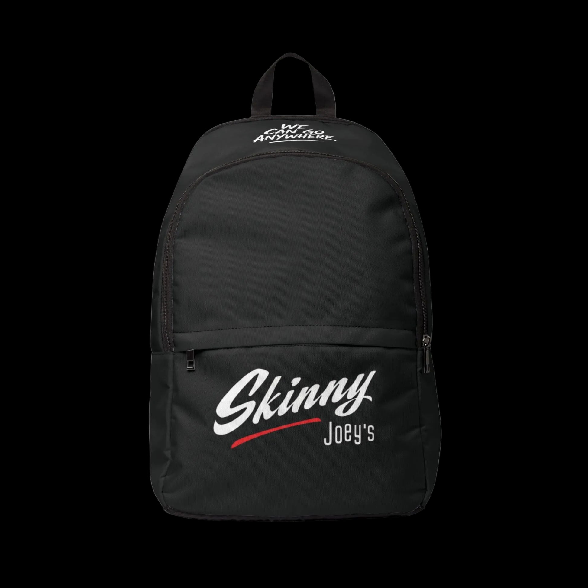 A black backpack with a front zippered pocket featuring the text 'Skinny Joey's' in white script with a red underline, and 'My Game Anywhere.' printed in white near the top, shown on a plain white background.