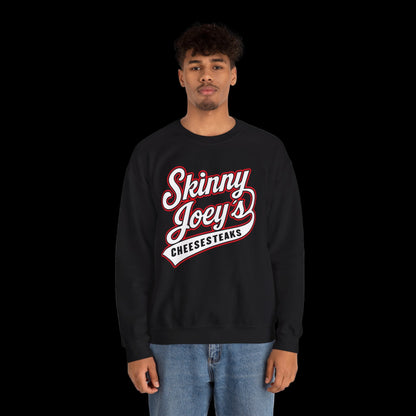 Person wearing a black sweatshirt with 'Skinny Joey's Cheesesteaks' text on a white background