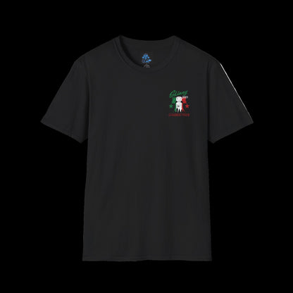 Black t-shirt with a small logo on the chest against a black background