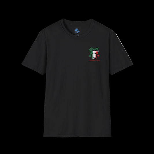 Black t-shirt with a small logo on the chest against a black background