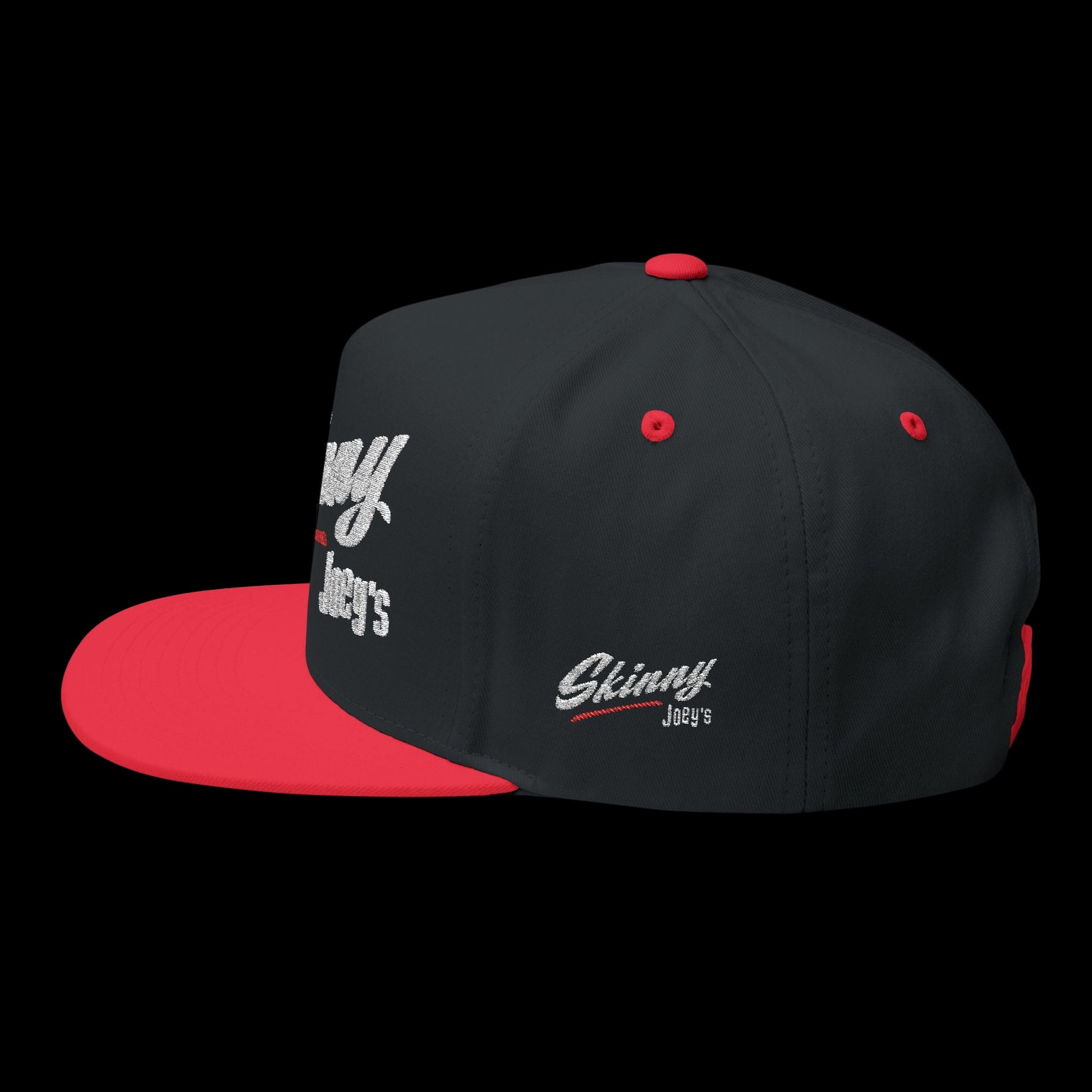 Black and red cap with 'Skinny Joey's' branding on a white background