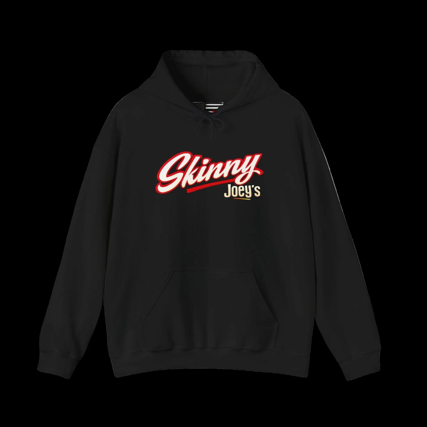Black hoodie with 'Skinny Joey's' text on a white background