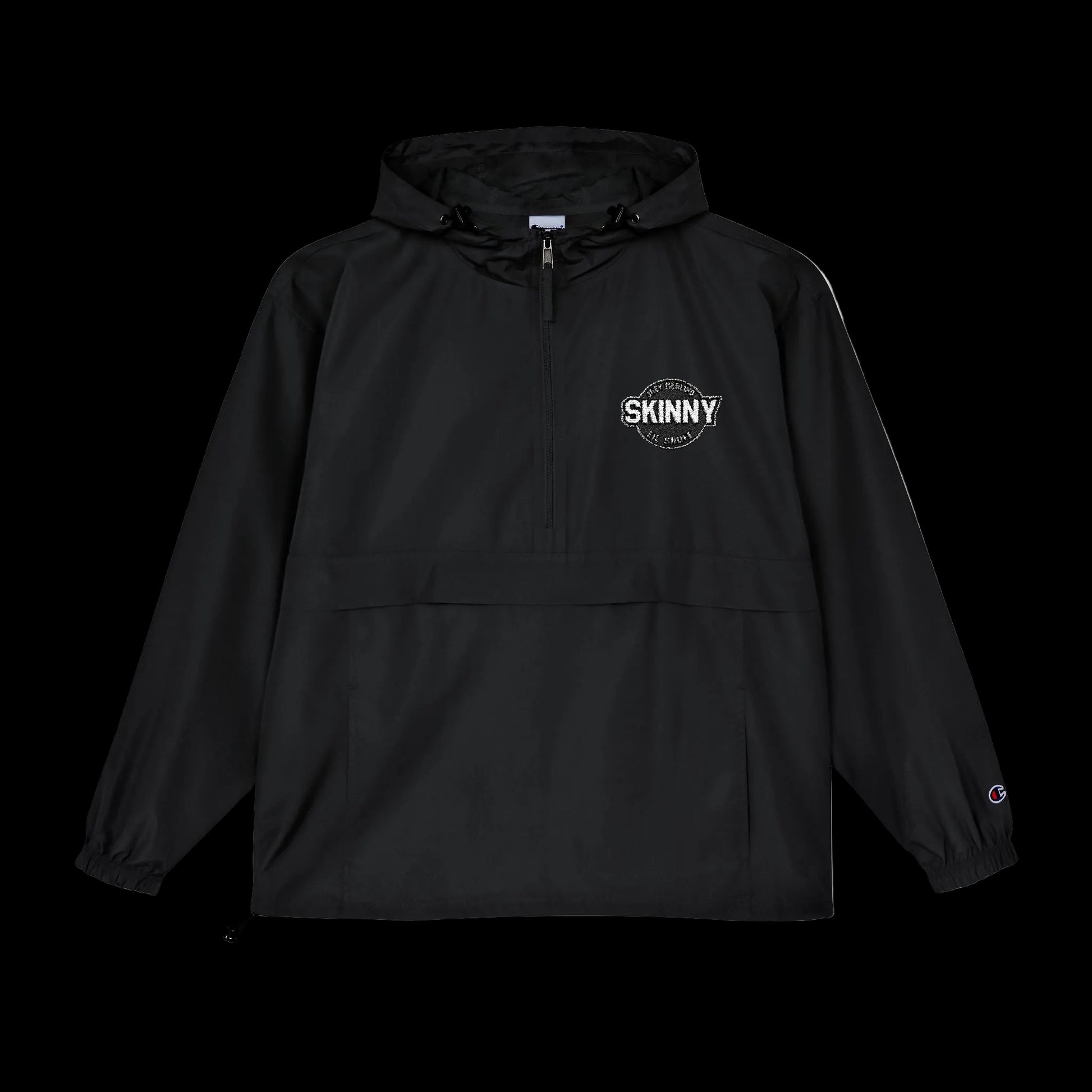 Black hooded jacket with a logo on a white background