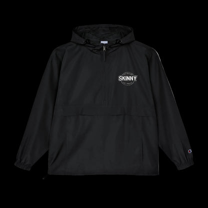 Black hooded jacket with a logo on a white background