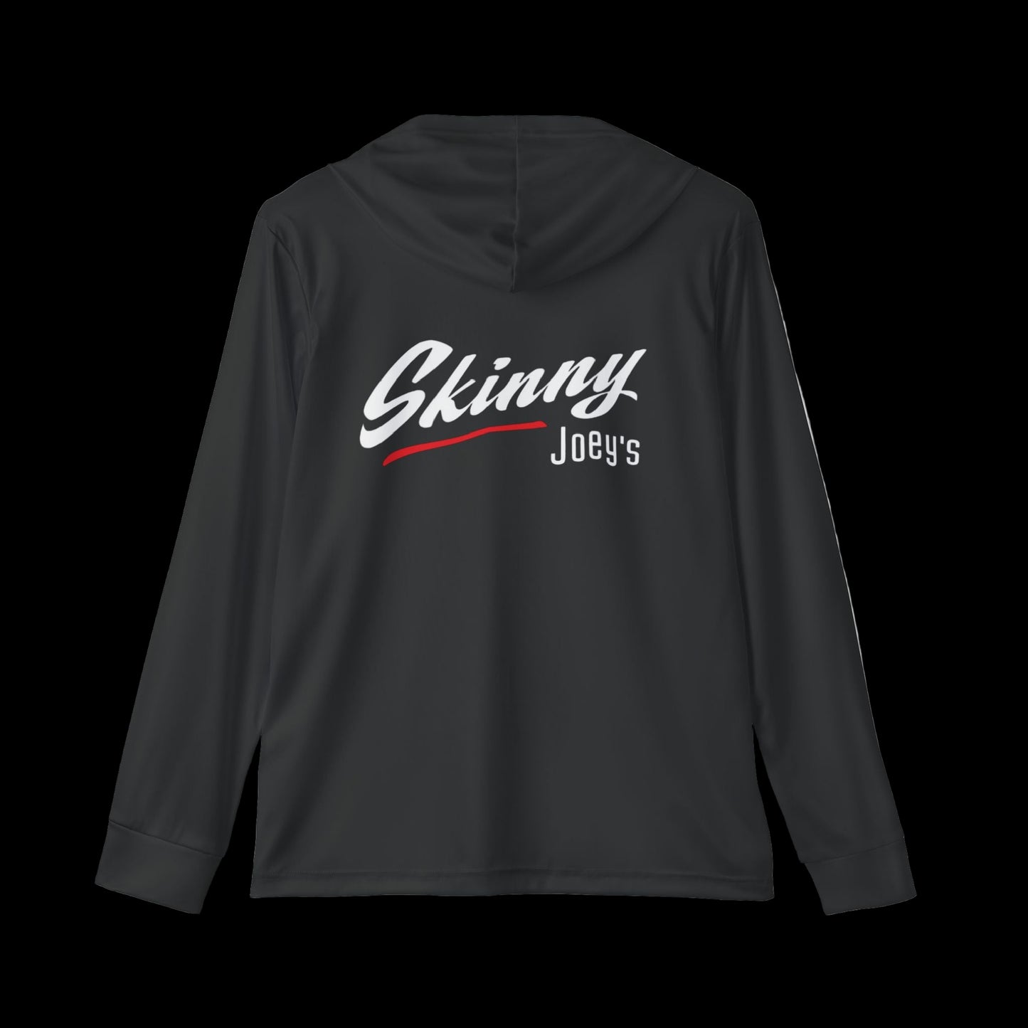 Black hoodie with 'Skinny Joey's' text on the back against a white background