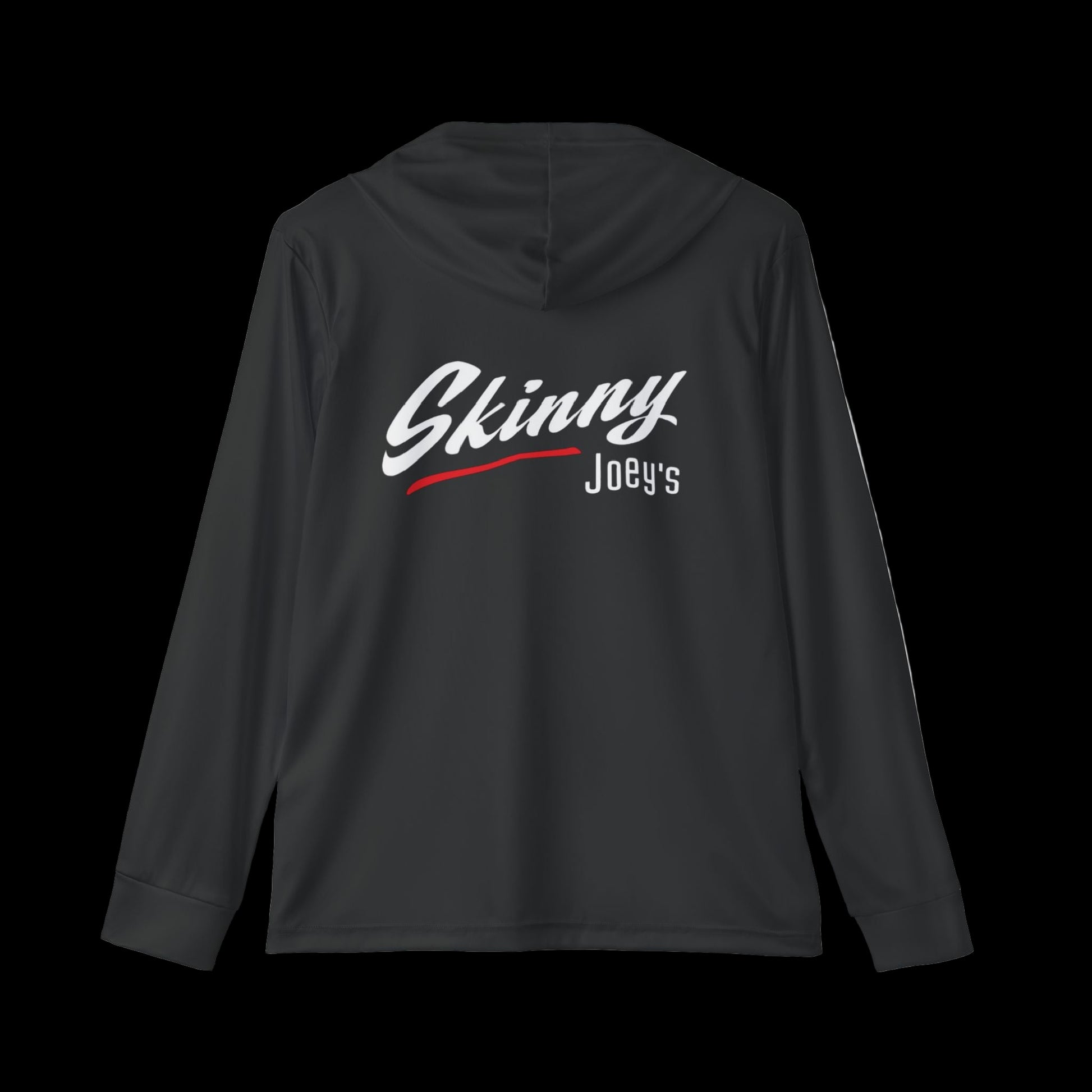 Black hoodie with 'Skinny Joey's' text on the back against a white background