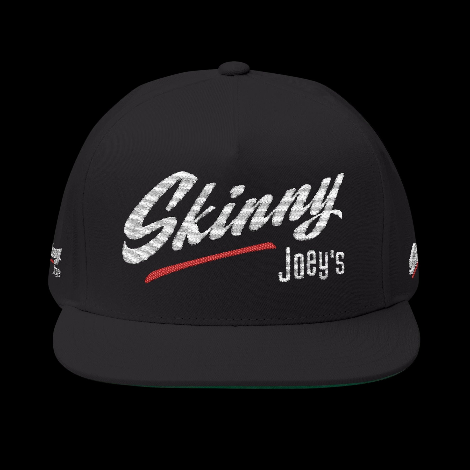 Black cap with 'Skinny Joey's' text on a white background