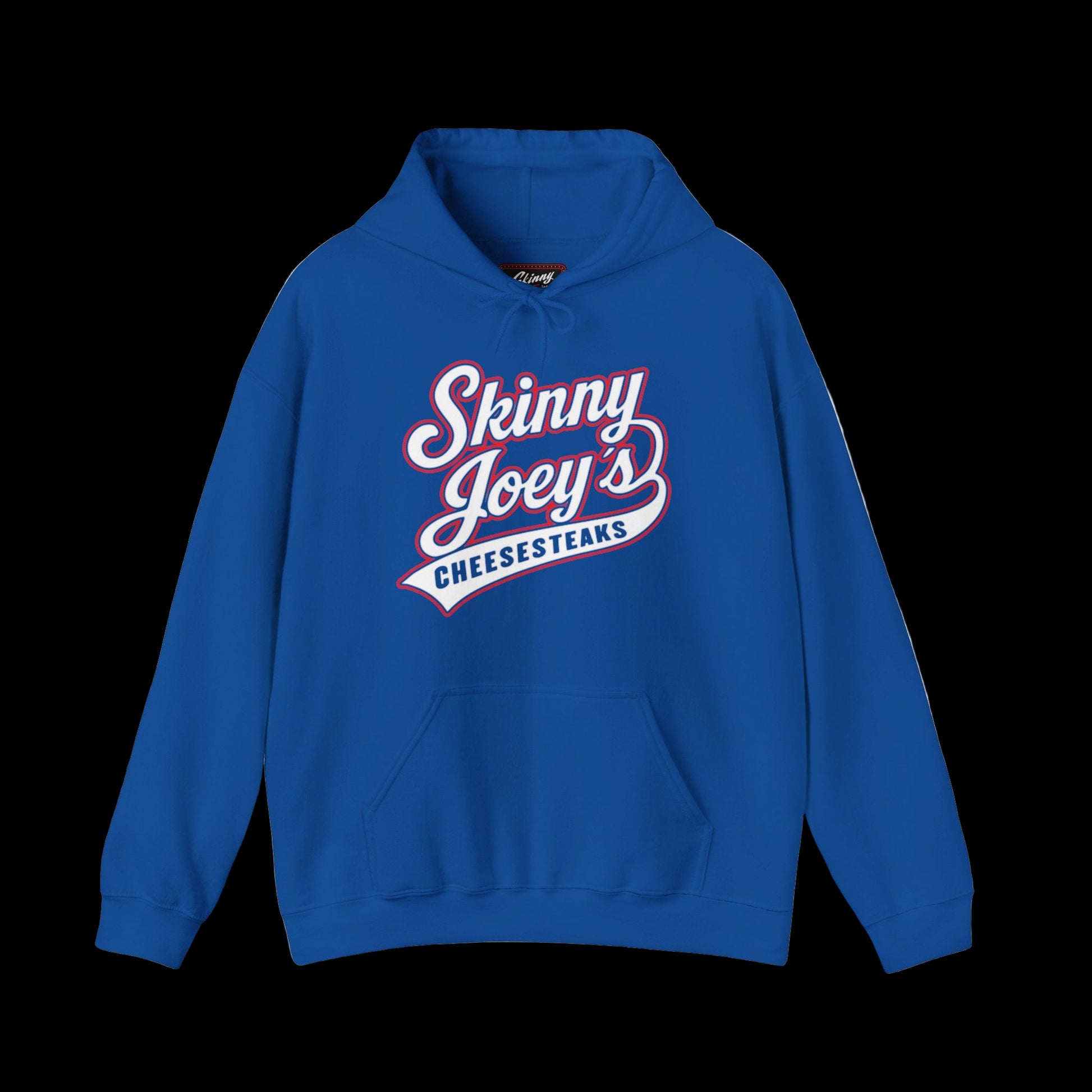 Blue hoodie with 'Skinny Joey's Cheesesteaks' text on a white background