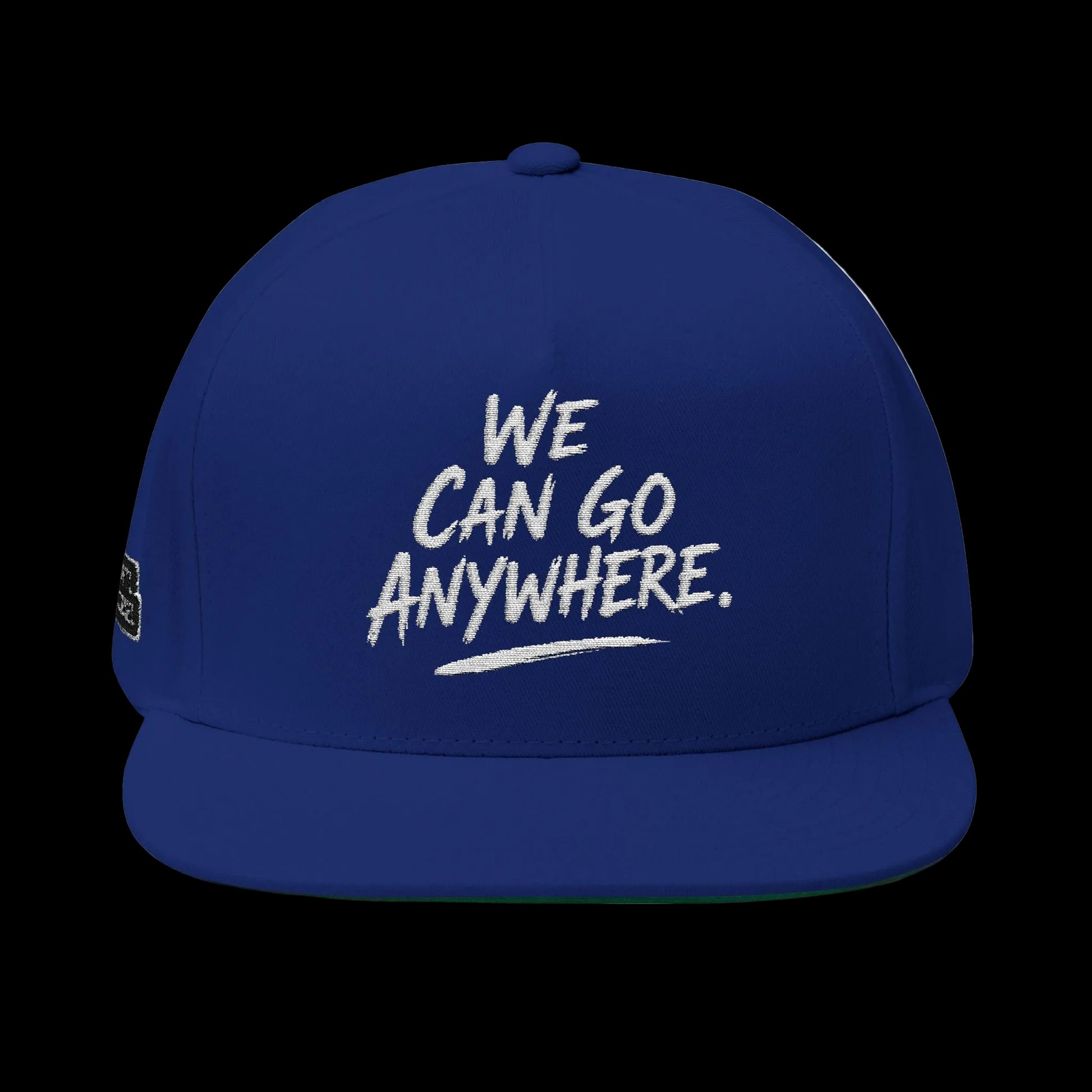 Blue cap with 'We Can Go Anywhere' text on a white background