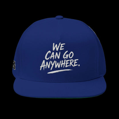 Blue cap with 'We Can Go Anywhere' text on a white background