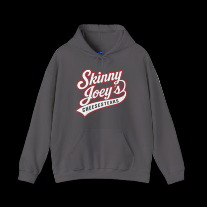 Gray hoodie with 'Skinny Joey's Cheesesteaks' text on a white background