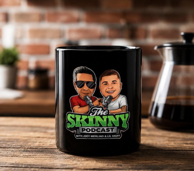 The Skinny Joey Merlino and Lil Snuff Podcast Black Coffee Mug (11oz/15oz) - side view - Skinny Joey's Cheesesteaks