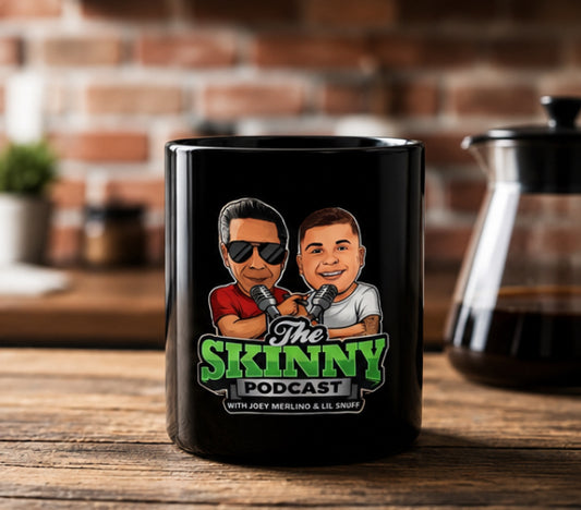 The Skinny Joey Merlino and Lil Snuff Podcast Black Coffee Mug (11oz/15oz) - side view - Skinny Joey's Cheesesteaks
