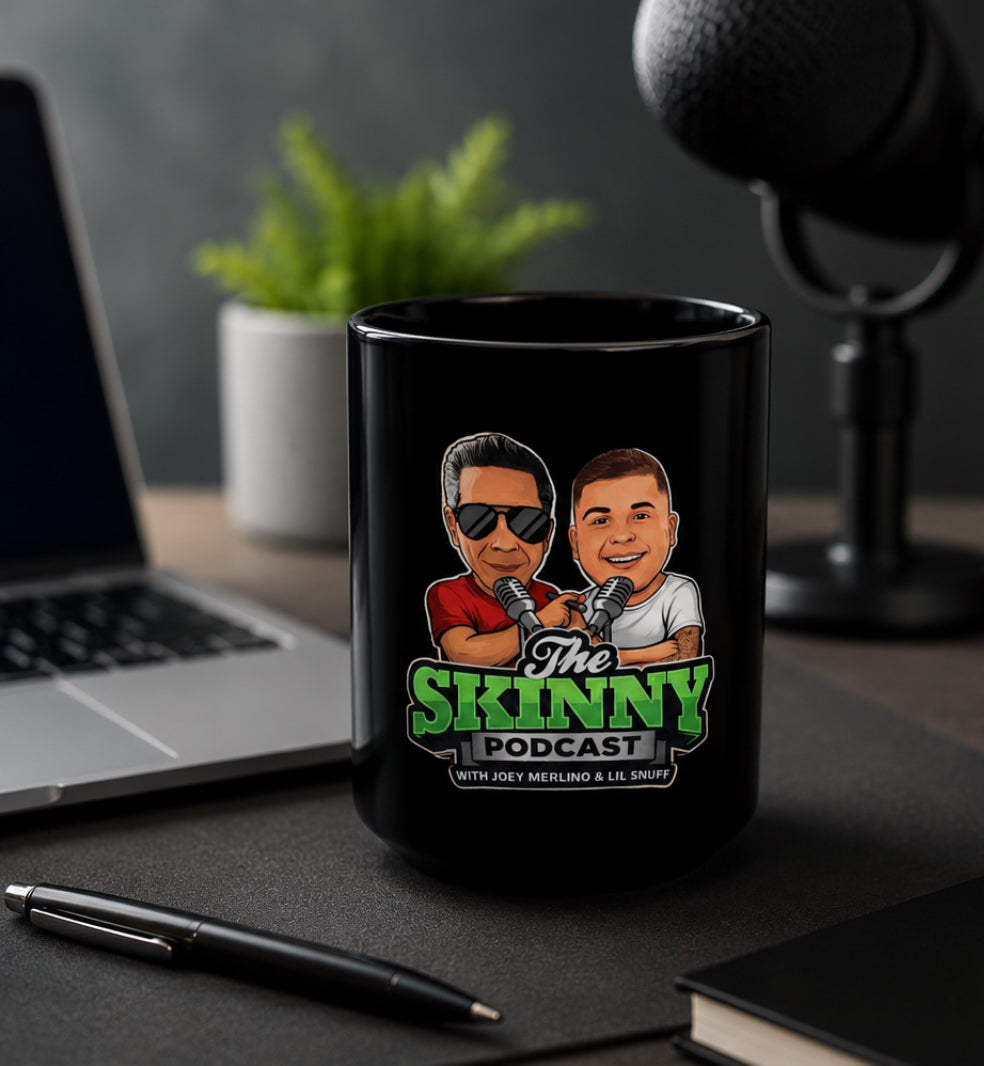 The Skinny Joey Merlino and Lil Snuff Podcast Black Coffee Mug (11oz/15oz) - back view - Skinny Joey's Cheesesteaks